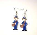 Mailman earrings mail lady,blue,postoffice,altered,vtg  