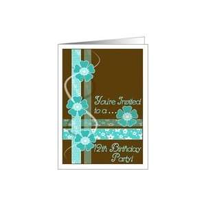  12th Birthday Party Invitation, Blue and Turquoise Flowers 