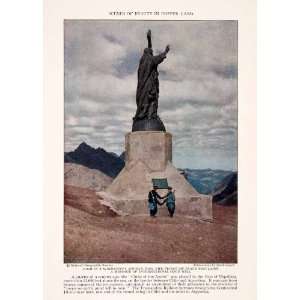 1929 Color Print Andean Pass Peace Prince Bronze Jesus Statue Chile 