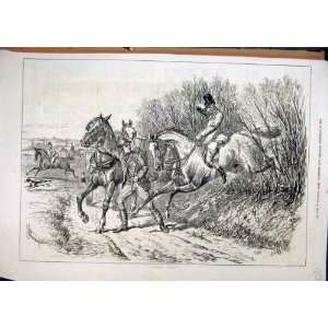  1877 Horses Jumping Fence Landing Man Country Scene