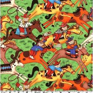  45 Wide Giddy Up Kids Horses Limey Green Fabric By The 