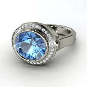  Racetrack Ring, Oval Blue Topaz 14K White Gold Ring with 