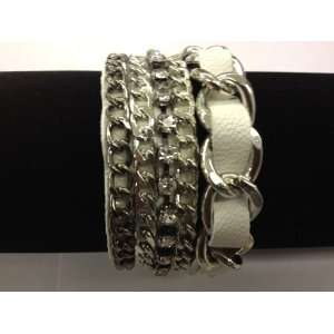  white Rugged Leatherette Cuff Bracelet with Multi  Chain 