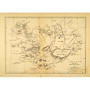  1876 Wood Engraving Map Iceland Vatna Jokull Faxa Fjordr Reykjavik 