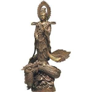  Large Kuan Yin standing on a dragon bronze statue