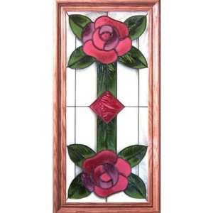 DOUBLE ROSE Geometric Painted Glass Suncatcher 11.5x22.5 Wood Framed 