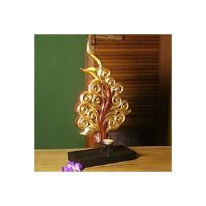  NOVICA Wood candleholder, Golden Spiral