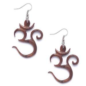 Brown om aum indian wood wooden pair tribal silver earrings by 
