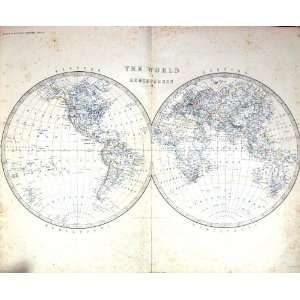   Antique Map C1860 World Eastern Western Hemispheres