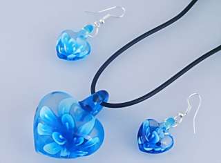 1Set Heart Flower Inside Lampwork Glass Beads Necklace Earring Set 