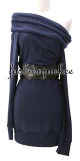 NAVY BLUE Sweater Cowl Dress Knit Belted Long Sleeve S  