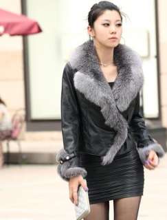 2011 Winter Fashionable Fox Hair Lapel Short Sheepskin Coat Black M L 