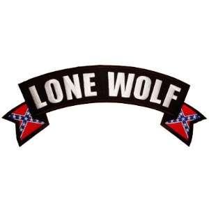 Lone Wolf Rocker Patch with Rebel Flag, 11x4.5 inch, large embroidered 