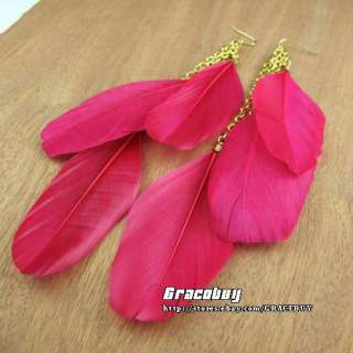New Elegant Charm NATURAL Feather Chandelier Dangle Earrings Rosy 