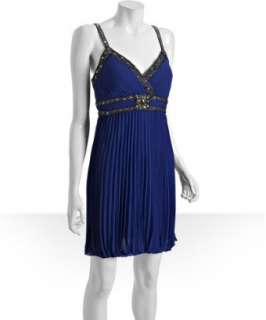 Sue Wong sapphire pleated jewel detailed v neck dress   up to 