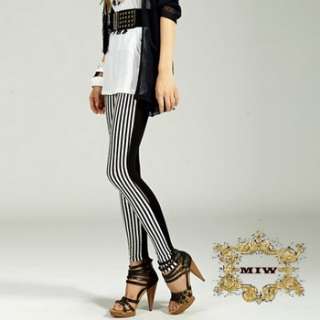 Sz S M L XL 2 Tone Black & White Stripes Prints Cotton Skinny Pants 