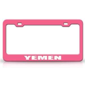 YEMEN Country Steel Auto License Plate Frame Tag Holder, Pink/White