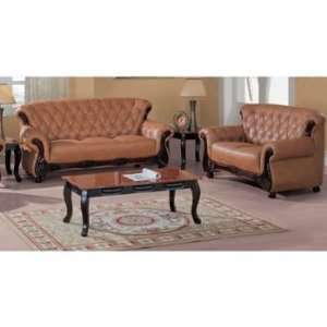 Traditional Classic Button Tufted Showood Accented Brown Leather Sofa 