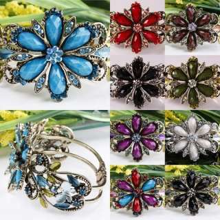 Crystal Teardrop 6 Petal Flower Cuff Bangle Bracelet  