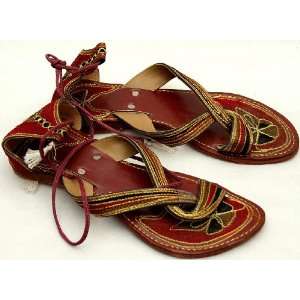  Cherry Red Flat Sandals with Threadwork   Pure Camel 