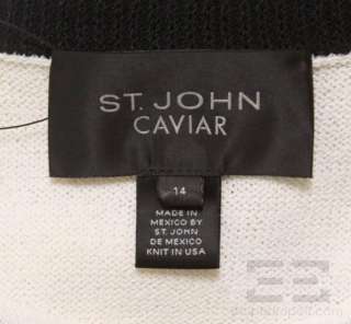 St. John Caviar White Knit Black Trim Floral Brooch Jacket Size 14 