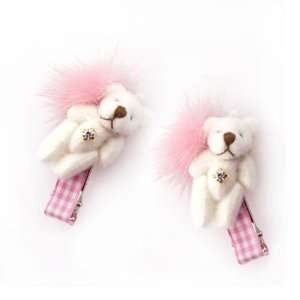  Cute Bear Pink Grid Hair Clips with Fur [Pair] Beauty