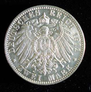 1911 D GERMAN BAVARIA STATES, 2 MARK SILVER COIN XF/AU  