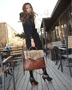 Brown Fluffy Twist Lock PU Leather Buckle Strap Shoulder Bags Handbag 