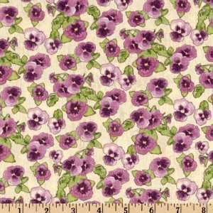  44 Wide Garden Tea Party Pansies Cream/Violet Fabric By The Yard 