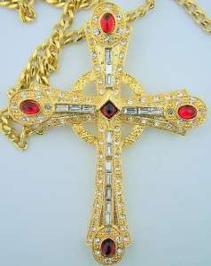  Crystal Ruby Bishops Pectoral Cross On Fine Gilded 30 Curb Chain