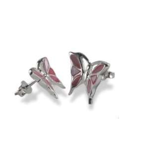   Pink Shell Inlay Butterfly Sterling Silver Post Stud Earrings Jewelry