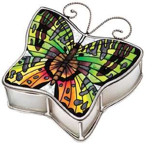 Amia Hinged Jewelry Box with Butterfly Design, Hand Painted Glass, 3 1 