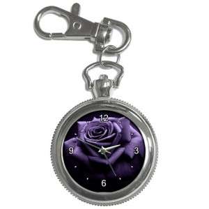 Classic Purple Rose Flowers Silver Key Chain Watch  