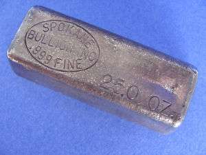 25.0 Oz. Spokane Bullion Silver Ingot/BAR 999 fine RARE  