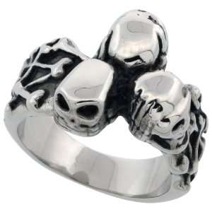 Surgical Stainless Steel Triple Skull Biker Ring (Available in Sizes 9 