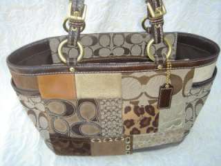   PATCHWORK BROWN TAN SUEDE LEATHER METALLIC FABRIC GALLERY TOTE BAG EUC