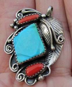 OLD VINTAGE NAVAJO INDIAN STERLING SILVER TURQUOISE CORAL PENDANT 