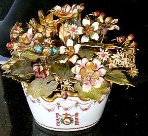 Vintage French Flower Basket ceramic w/ bronze enameled flowers  
