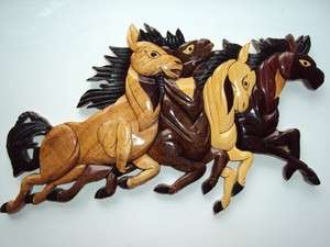   Carved Wood Art Intarsia 4 Running Horses Wood sign Wall Plaque Decor