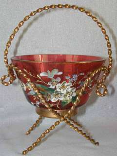 Moser Czech Cranberry Glass & Copper Basket High Relief Enamel Flowers 