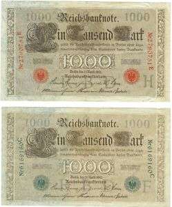 GERMANY two 1910 1000 Mark Reichsbanknote; Red & Green  
