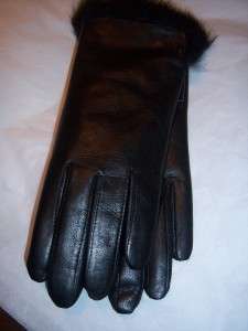 Ladies Leather Gloves w/RABBIT FUR lin & Cuff trim, Blk  