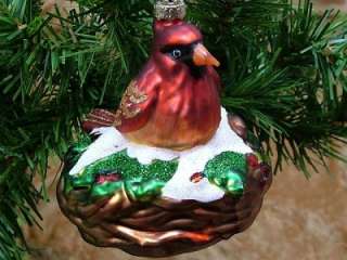 New Glass Cardinal Holly Bird Nest Christmas Ornament  