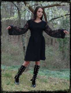 Vtg 50s Stunning Black Lace Bell Slv Mini Party Dress  