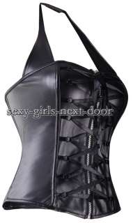 Black Bonded Leather CORSET Neck Cross Bustier Goth 5XL  