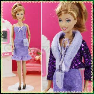 Purple Party Dress Coat Shoes Bag Outfit Set For Barbie  
