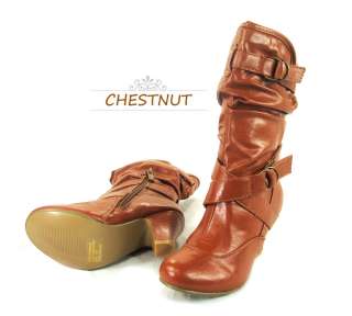 New Cute Junior Girls Buckle Heel Casual Tall Faux Leather Boots Shoes 