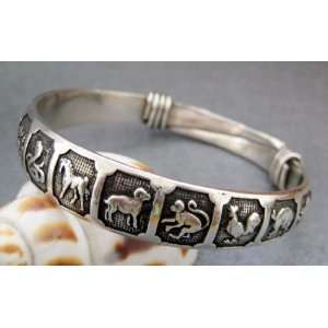  Tibetan Silver Chinese Zodiac 12 Animals Bangle Bracelet 