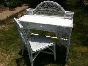 Vintage Retro Shabby Cottage Chic Rattan Wicker Vanity Desk And Chair 