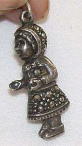 ANTIQUE VICTORIAN STERLING SILVER FIGURAL GIRL CHARM w/ MARCASITES 